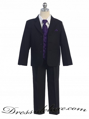 Костюм для мальчика. 5 частей. Цвет черный с фиолетовыми жилеткой и галстуком. - Детские нарядные платья